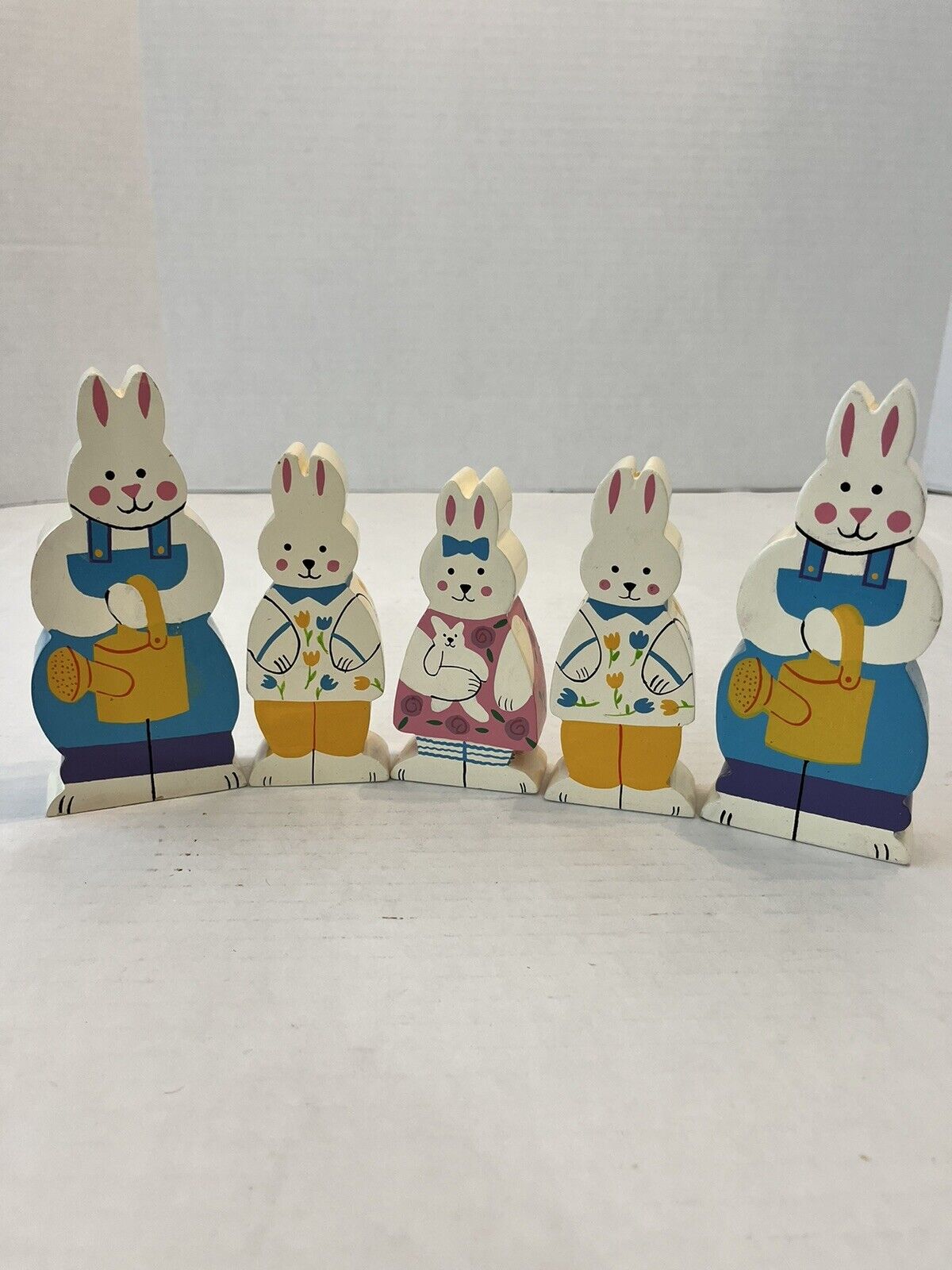 Vintage WOODEN PAINTED EASTER BUNNY FAMILY DECOR My 2 Dads And Kids Set Of 5