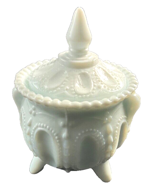 Vtg EAPG Victorian Style 3-Footed White Opalescent Milk Glass Beaded Edge Pot