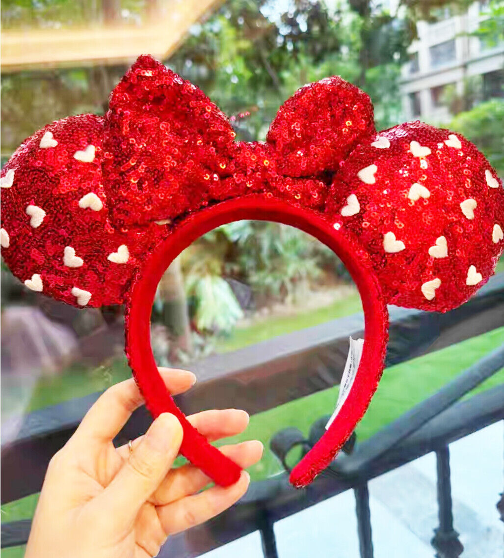 US Disney Parks Valentines Day Heart Red Sequin Bow Ears Mickey Headband 2022