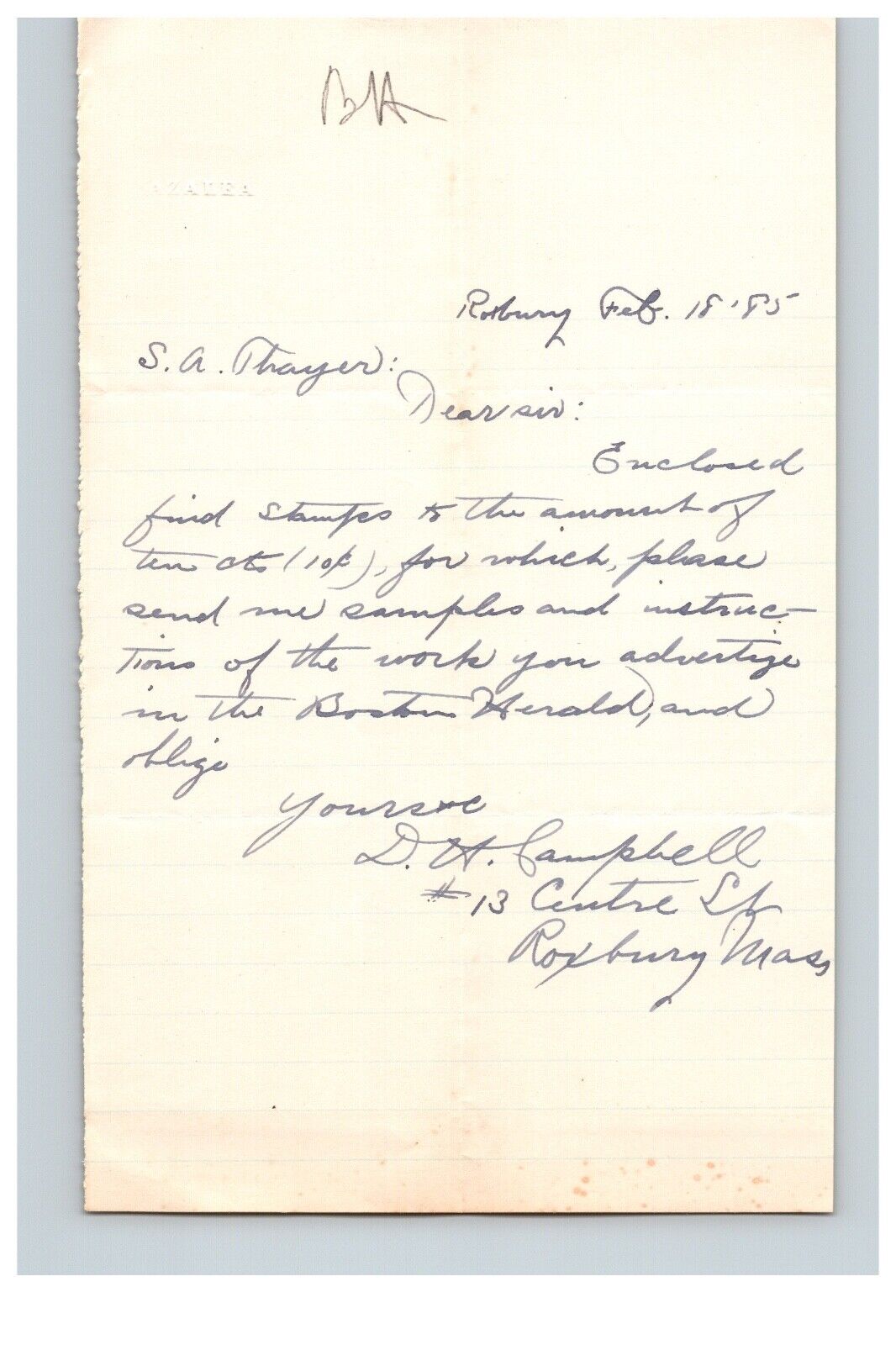 1885 Handwritten Letter D A Campbell Roxbury MA Massachusetts  Family History
