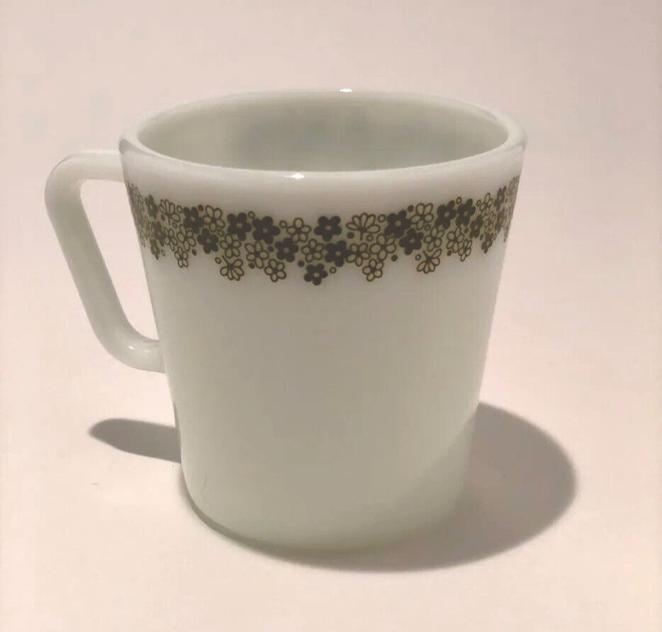 Vintage Pyrex Milk Glass Coffee Mug Green Spring Blossom Crazy Daisy MCM Flowers
