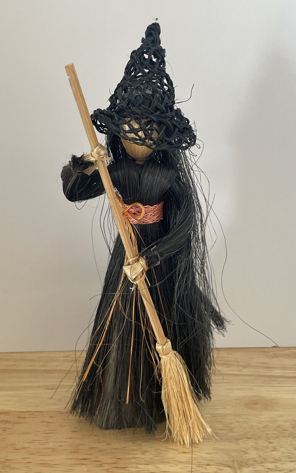 Vintage Halloween Hand Made Straw Witch with Broomstick 9”