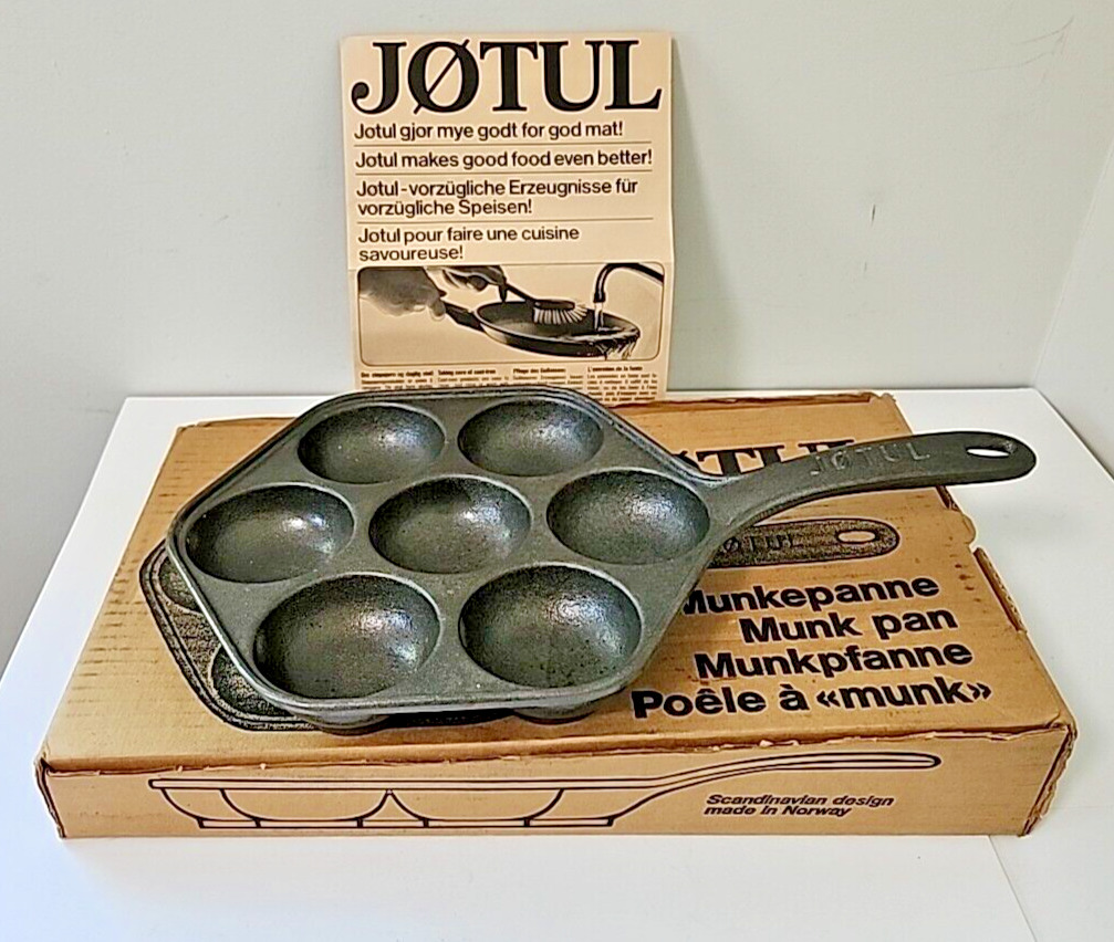 Vintage Jotul Cast Iron Aebleskiver Munk Pan 7-Cup Pancake Norway with Box