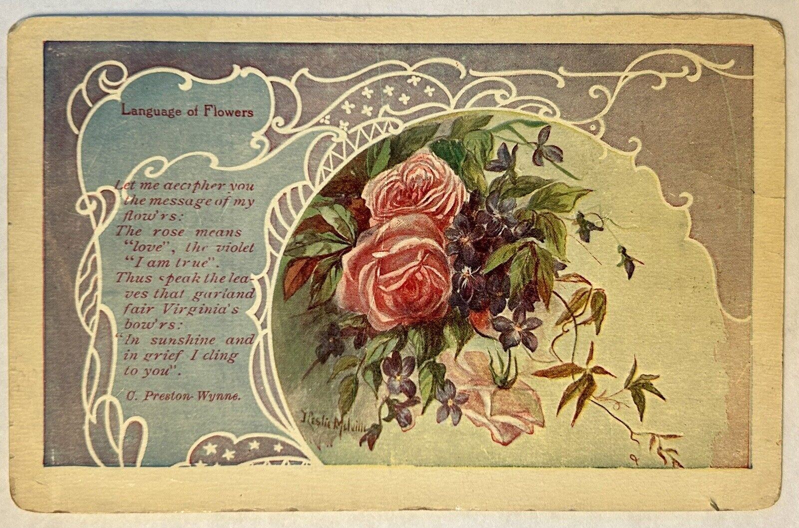Vintage Language Of Flowers Rose Postcard. 1909. Flower Poem.