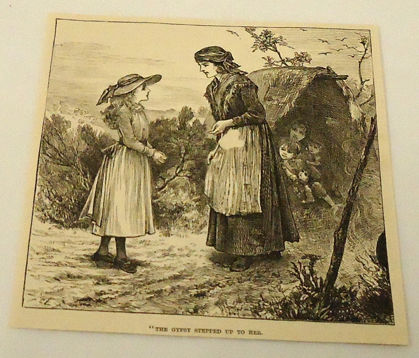 1884 magazine engraving ~ THE GYPSY STEPPED UP TO HER - gypsy camp w/ kids