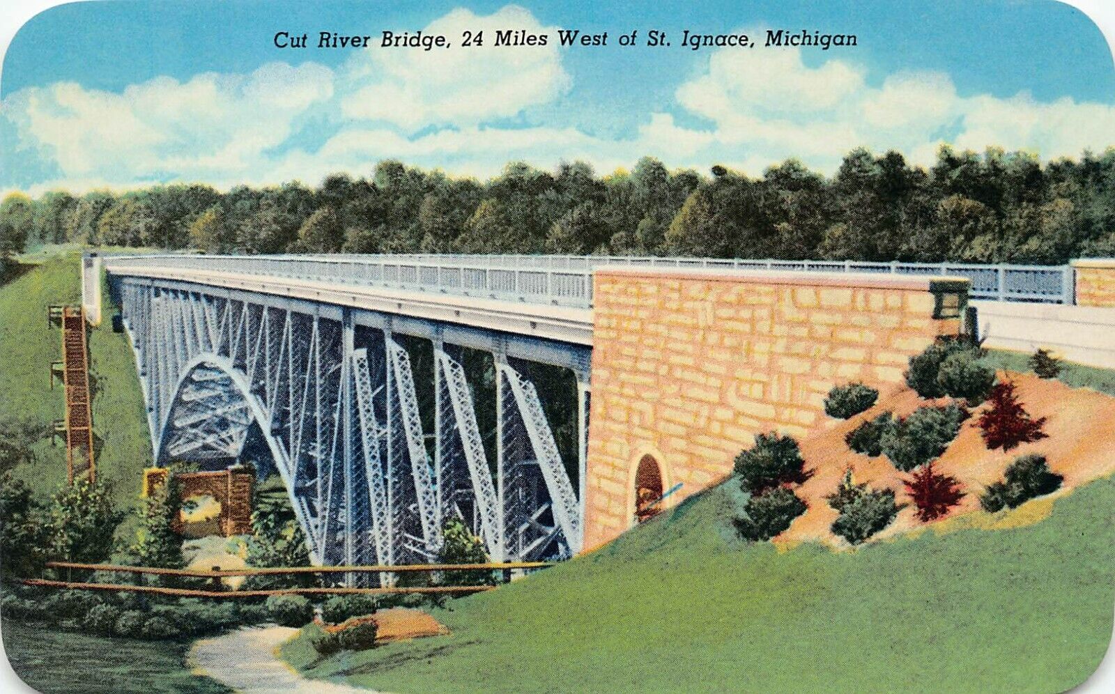 St Ignace MI Michigan Cut River Bridge Epoufette Brevort Vtg Postcard A25