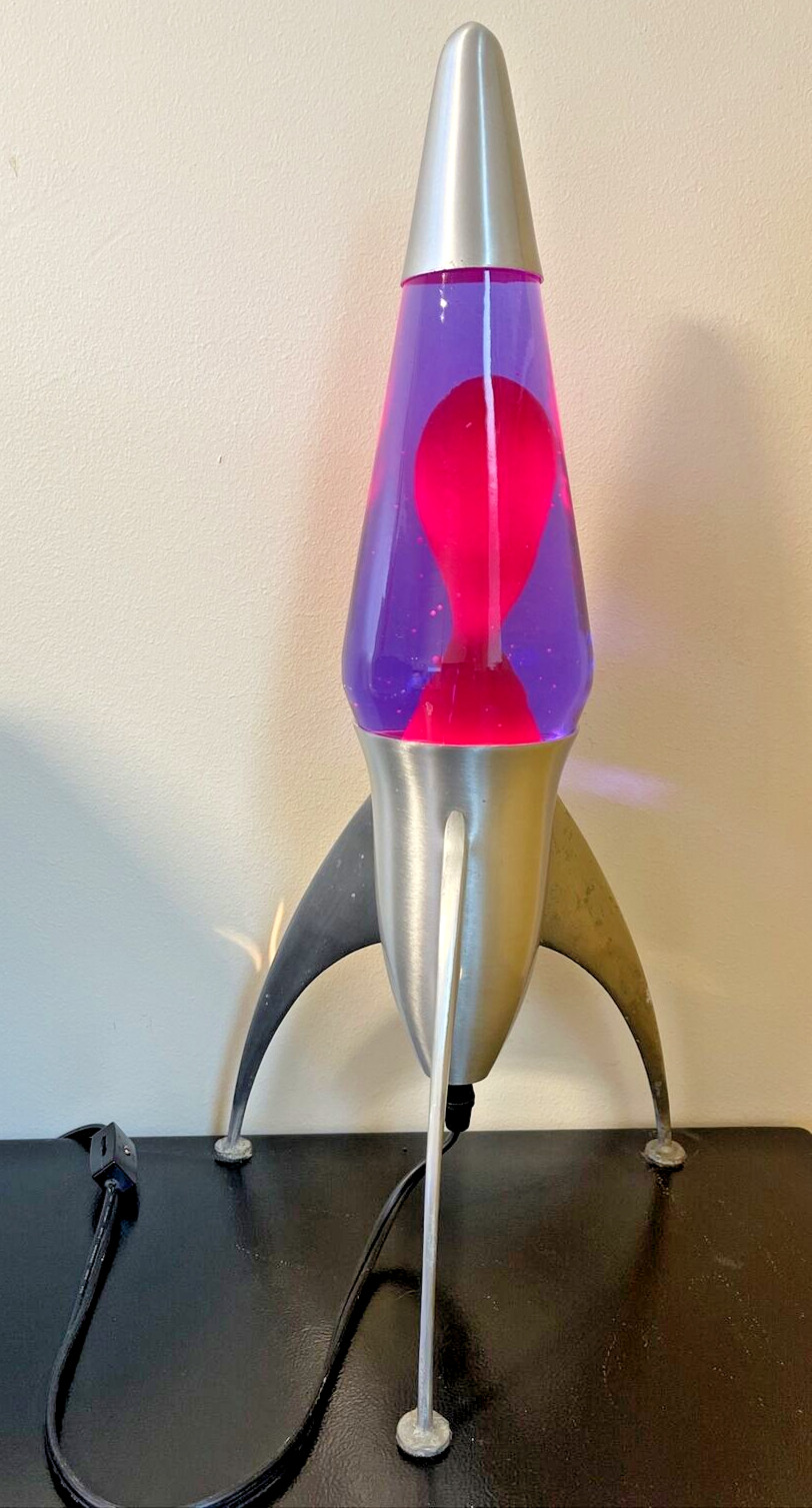 Vintage Original 90's Lava Lite Lamp Silver Space Rocket Starship red/purple VTG