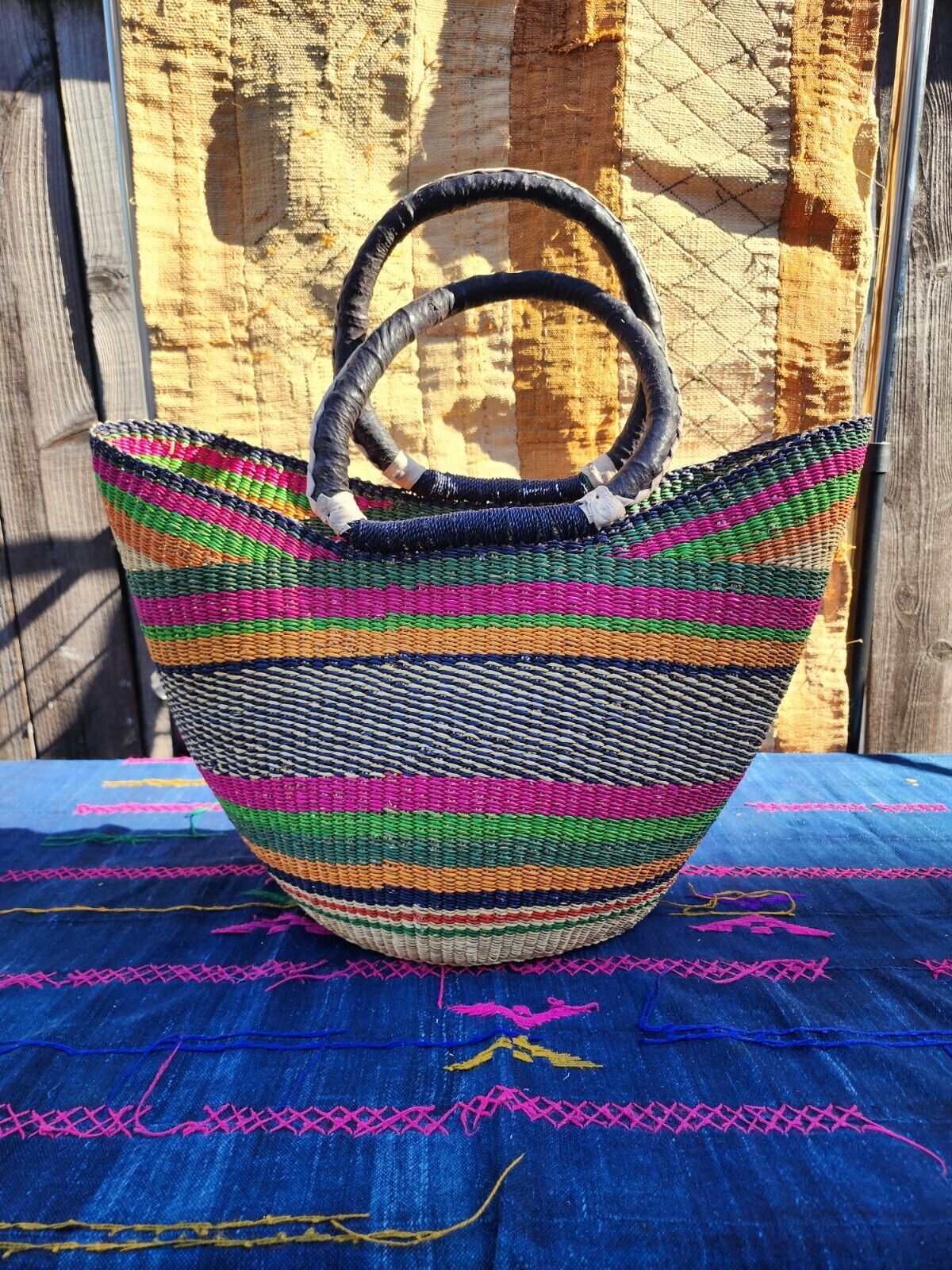 New  Large West African Handmade  Basket Leather Trim Elephant Grass Tote