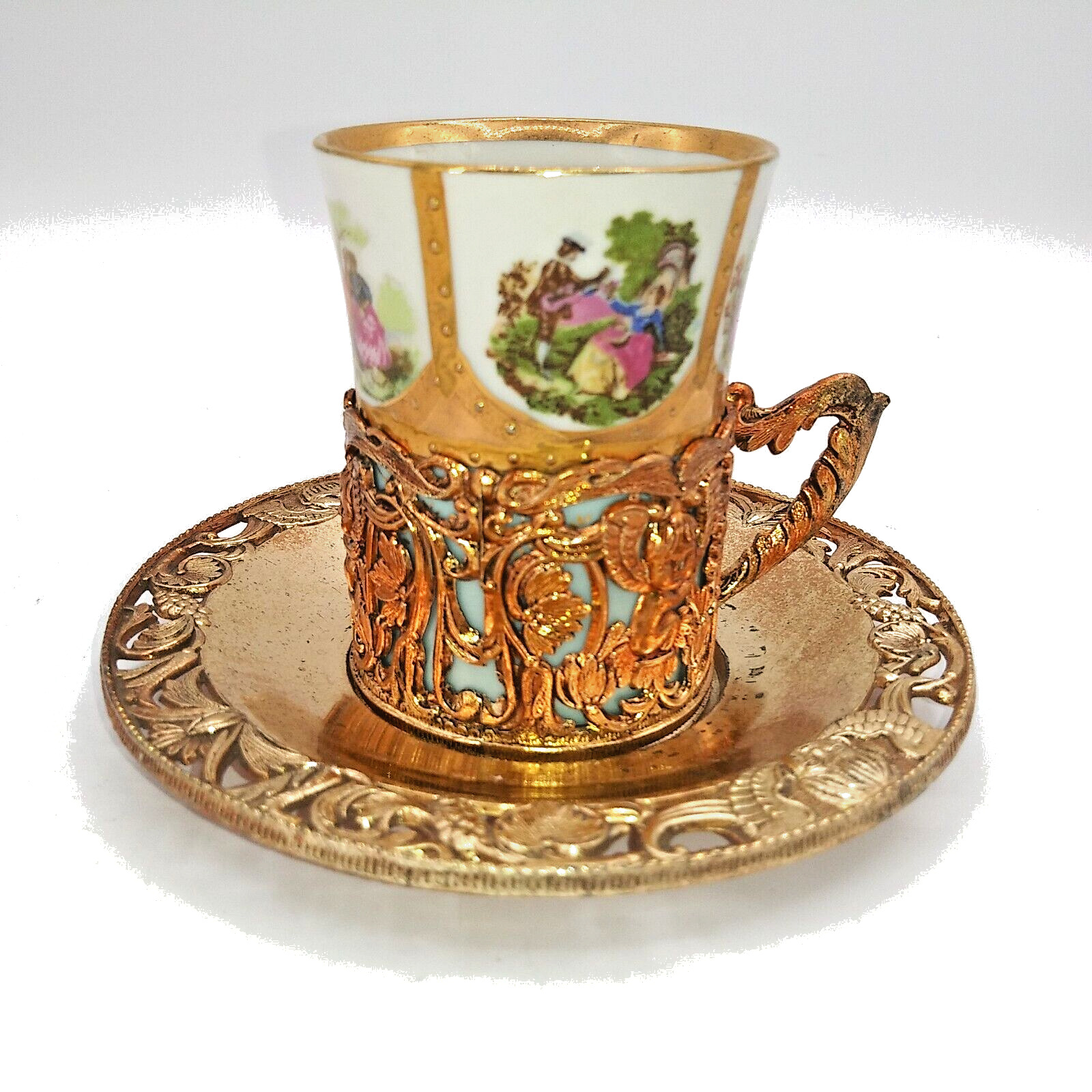 Vintage French Porcelain Demitasse Corting expresso cup w/ Brass Holder & saucer