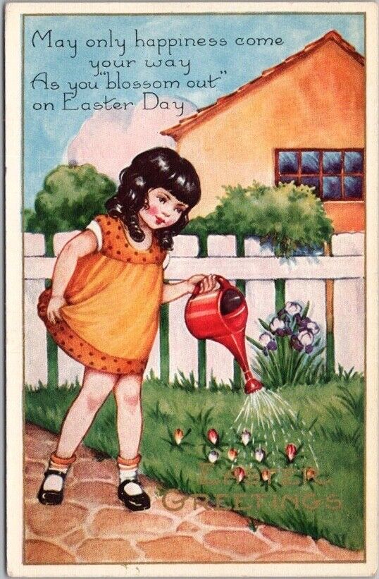 c1910s Whitney EASTER GREETINGS Embossed Postcard Girl Watering Flowers / UNUSED