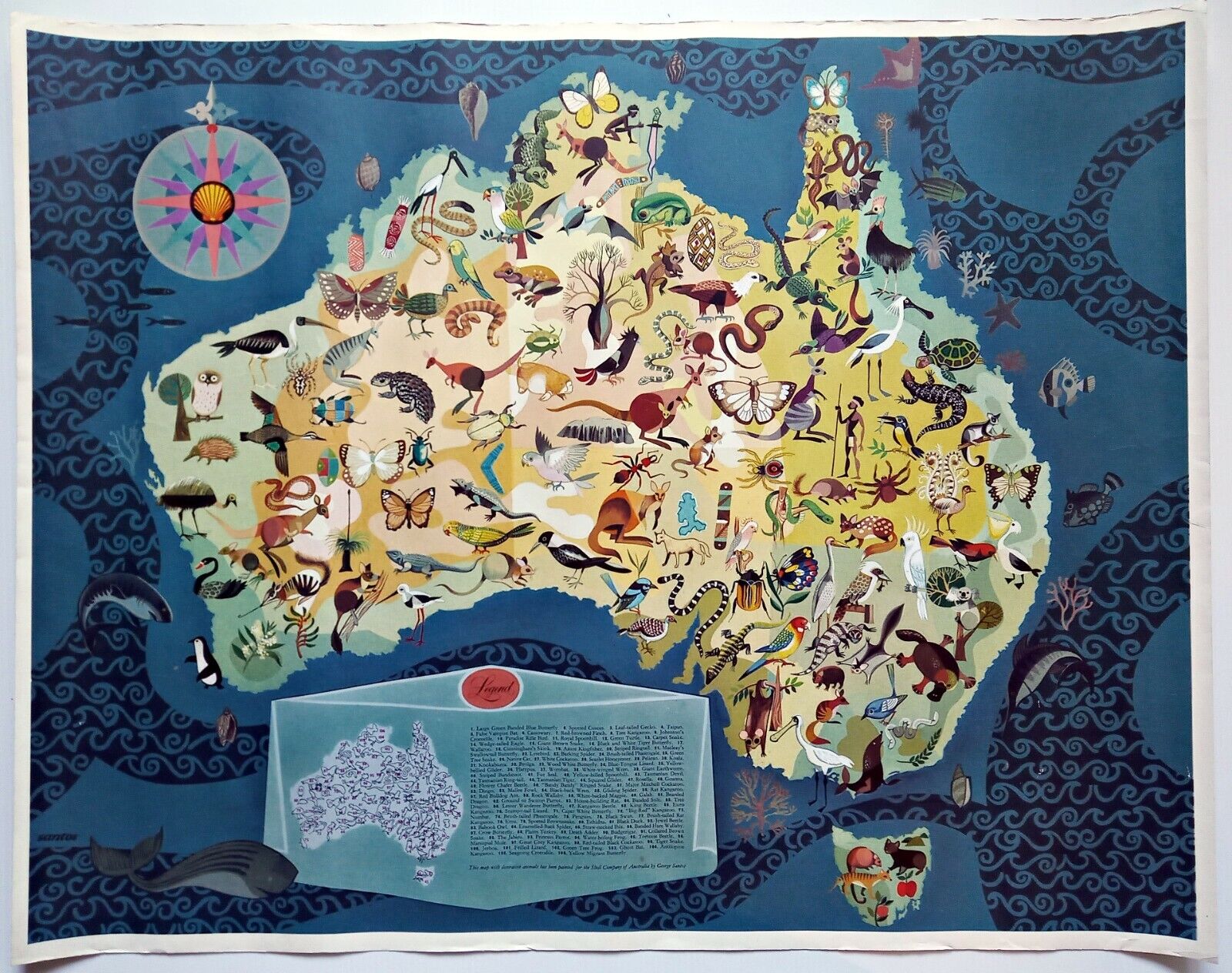 Rare c.1940-1950 George Santos Australia Pictorial Map, Fauna, Animals, Poster