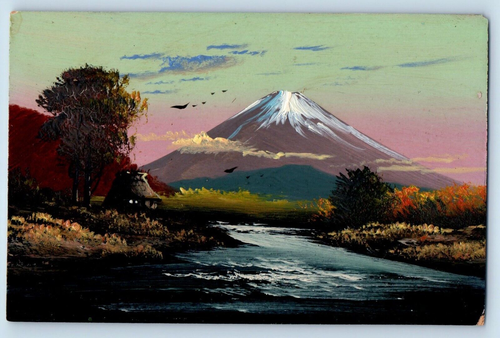 Japan Postcard View Of Mt. Fuji Hand Painted Drawn c1910's Unposted Antique