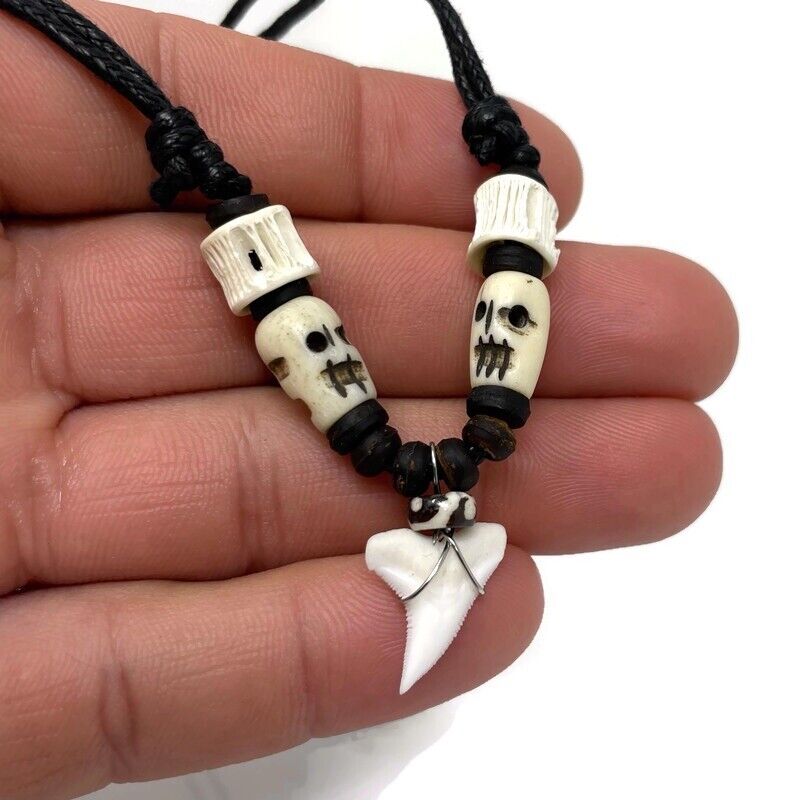  Real Shark tooth necklace Wood Beads Boys Shark Tooth Pendant Necklace Unisex 