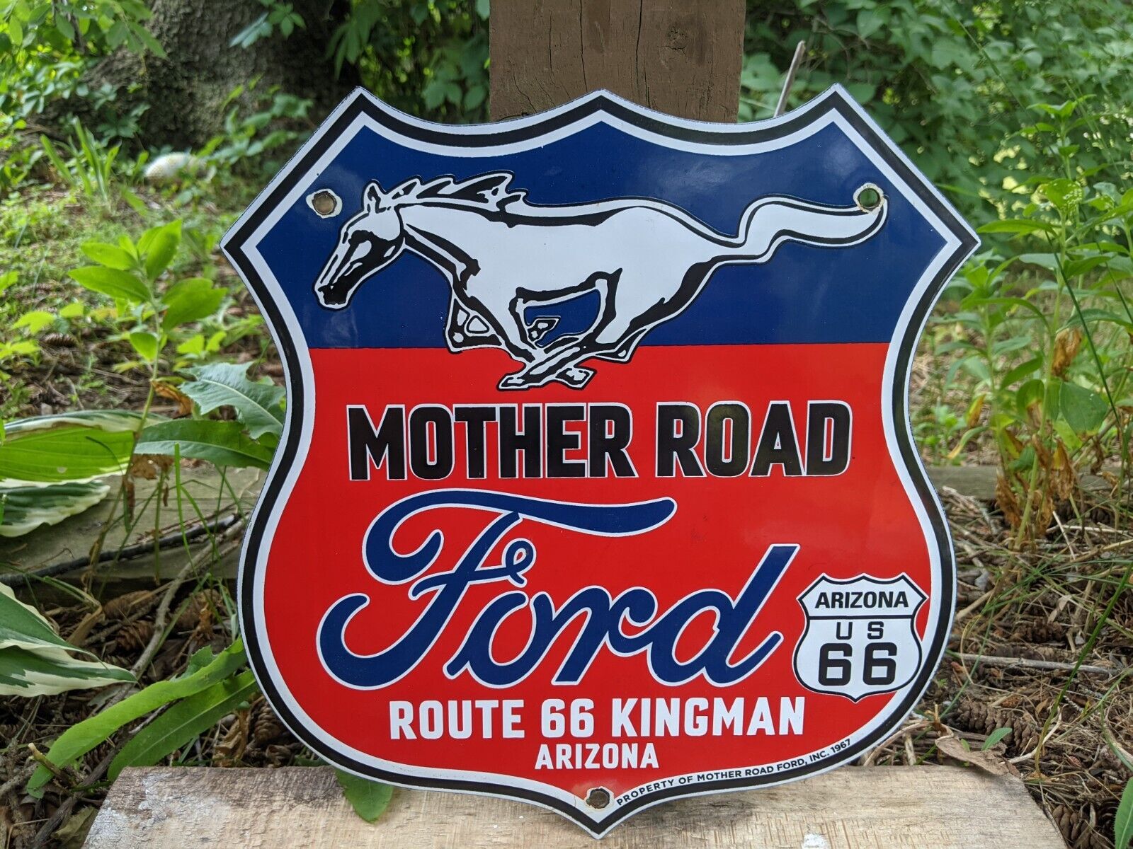 VINTAGE 1967 FORD MOTOR COMPANY MOTHER ROAD PORCELAIN ROUTE 66 SIGN 12