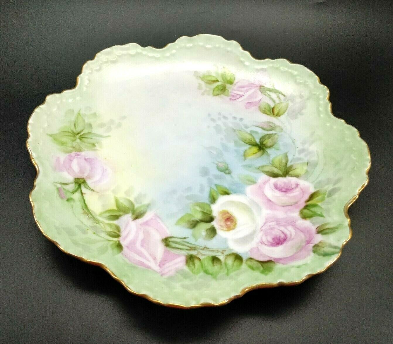 Vintage Hand Painted Pink Roses Ruffle Edge Plate Signed