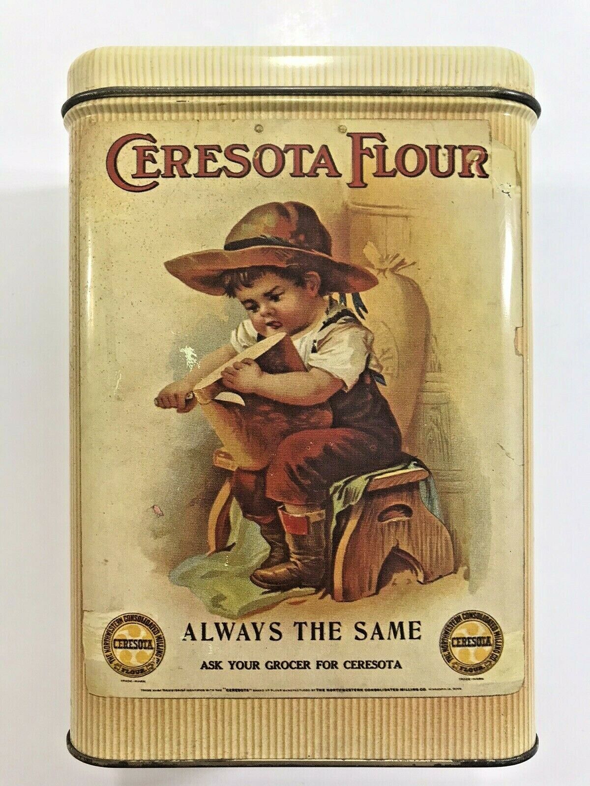 Vintage CERESOTA FLOUR Tin Storage Box Advertising Canister-Farmhouse Decor-NICE