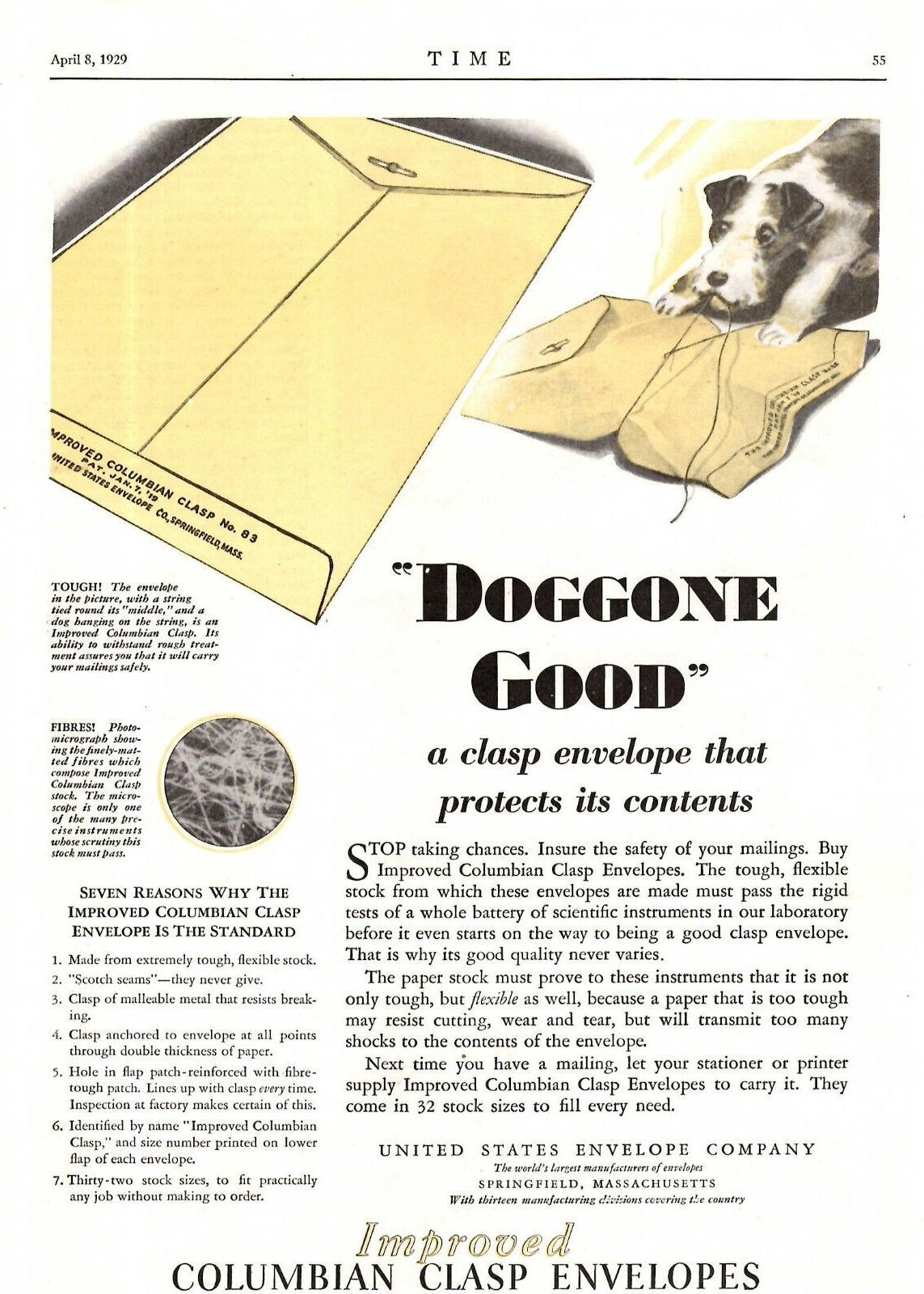 1929 Print Ad Columbian Clasp Enevelopes Doggone Good Wire Fox Terrier Illus