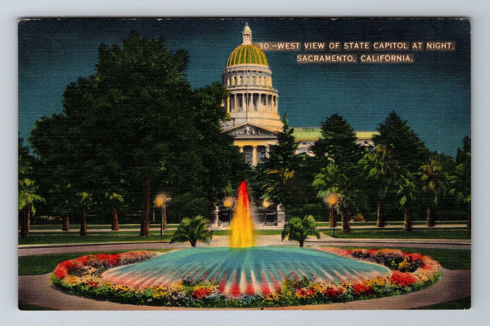 Sacramento CA-California, West View Of State Capitol At Night, Vintage Postcard