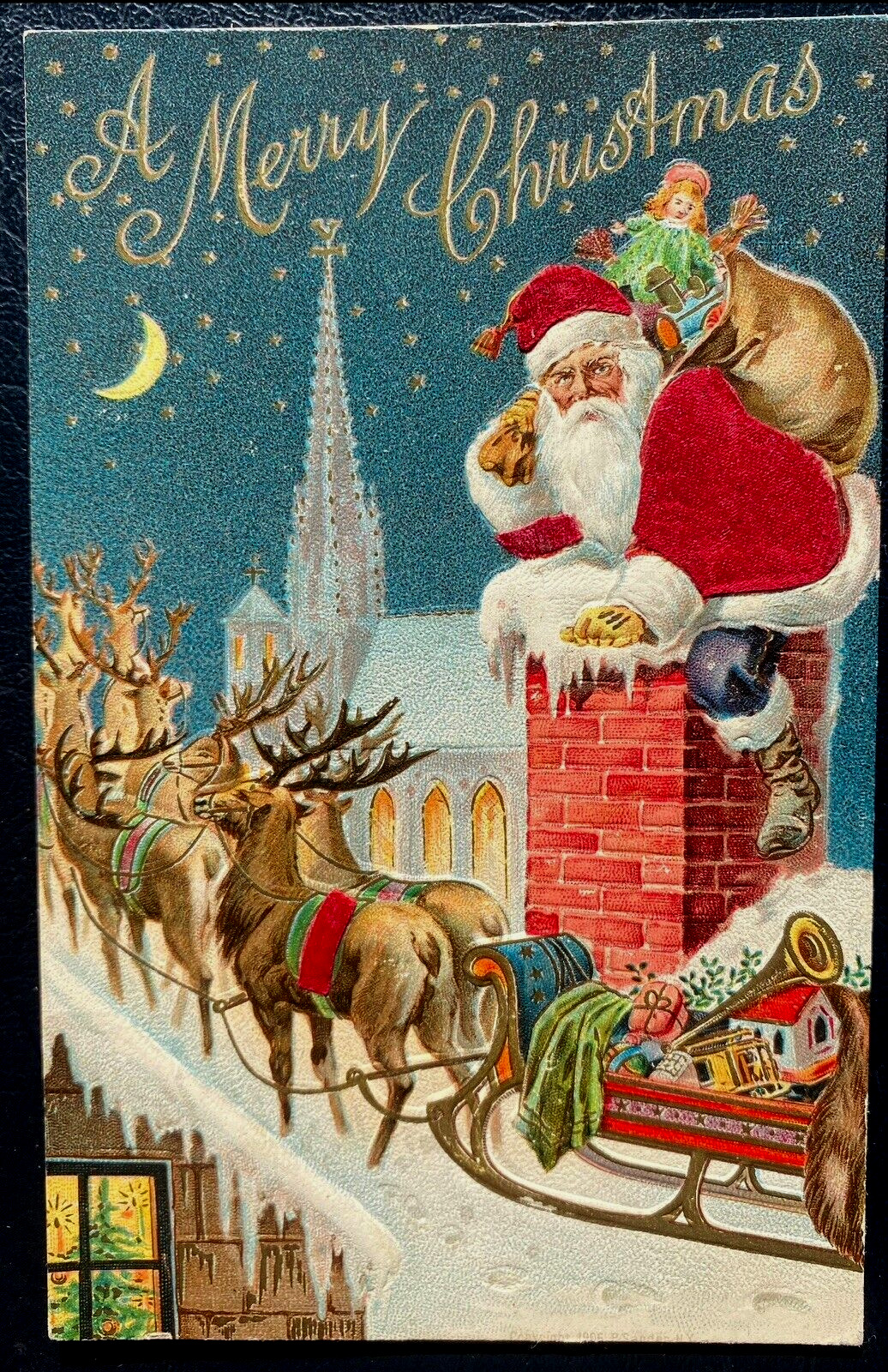 SILK Santa Claus on Snowy Roof~Reindeer~Toys~ Antique Christmas Postcard~k338