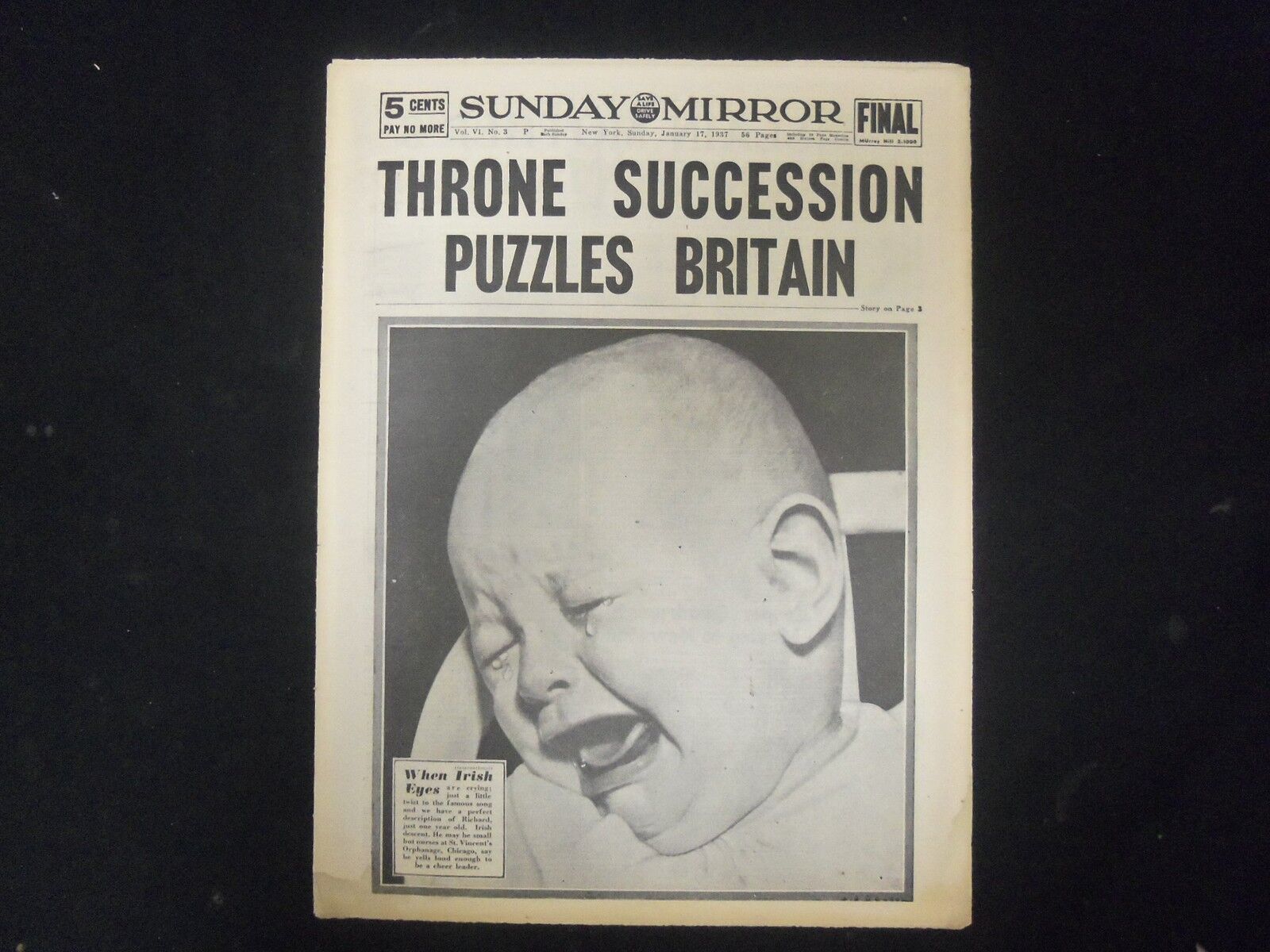 1937 JAN 17 NEW YORK SUNDAY MIRROR - THRONE SUCCESSION PUZZLES BRITAIN - NP 2336