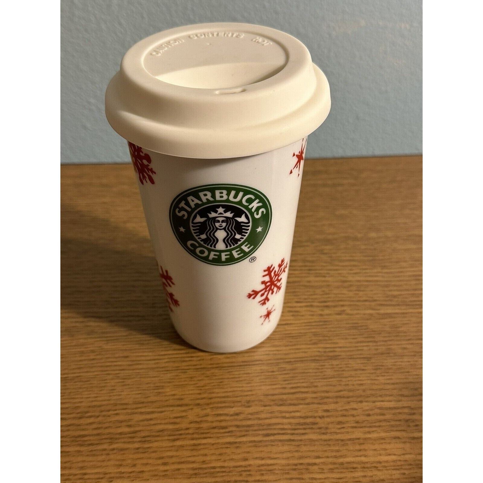 2010 Starbucks Coffee Travel Mug Ceramic Christmas Red Snowflakes with Lid-