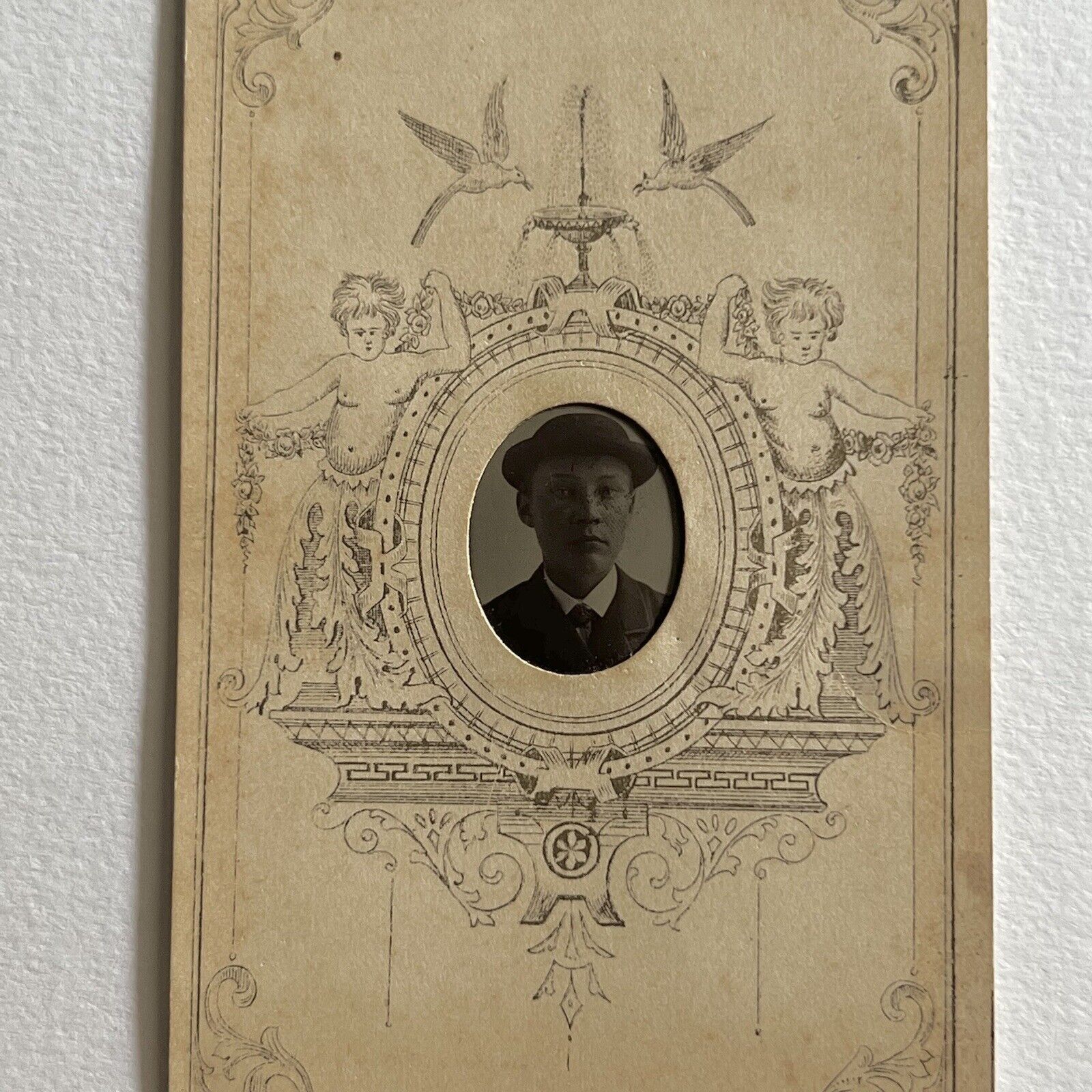 Antique Tintype Photograph Dapper Boy Hat Great Cherub & Dove Paper Frame
