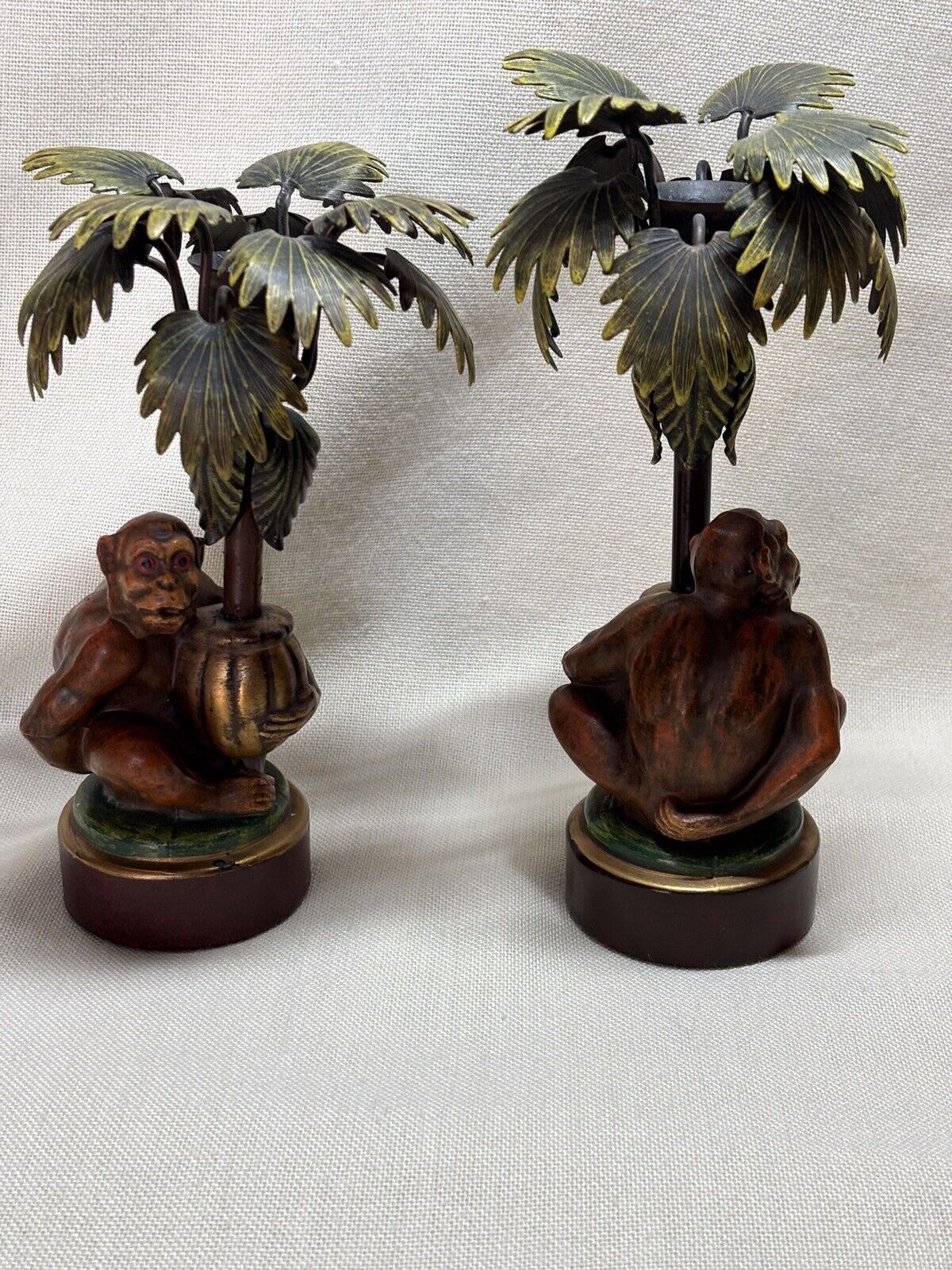 Vintage Pair Of Petites Choses Candle Holders Monkeys Palm Trees