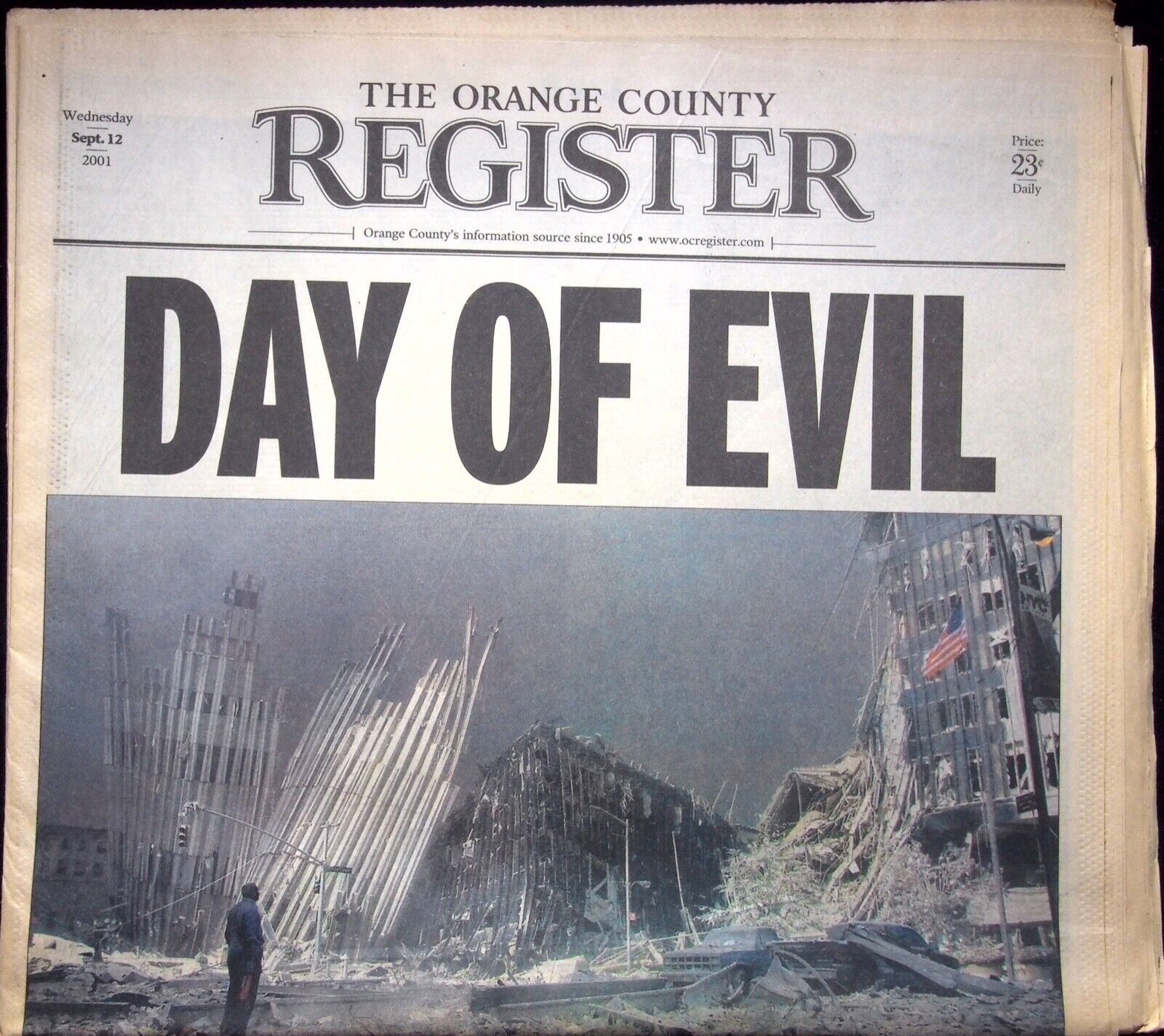 DAY OF EVII  - THE ORANGE COUNTY REGISTER SEPTEMBER 12, 2001 NEWSPAPER USA VTG.