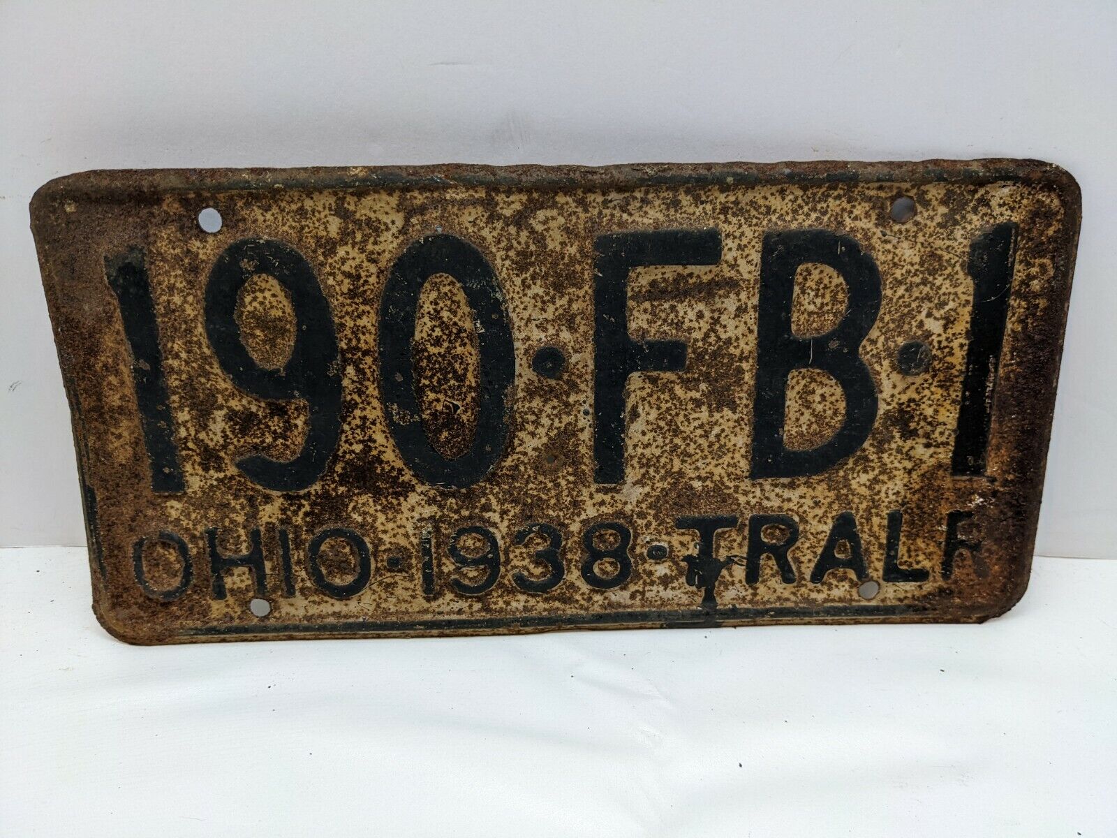 Vintage 1938 Ohio License Trailer *190 RB1* Tralr Plate Rusty 