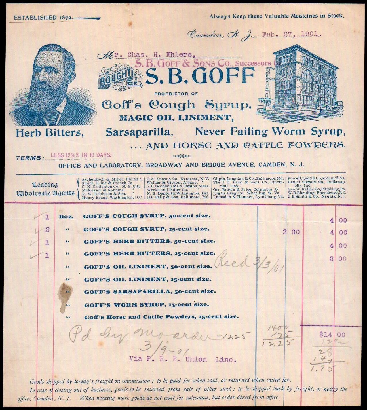 1901 Camden NJ - Medical - S B Goff & Sons - Herb Bitters - Letter Head Bill