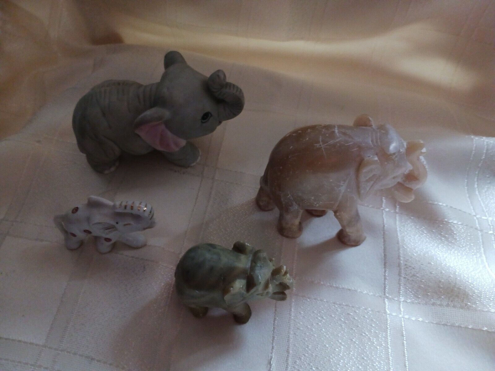 Herd of 4 Elephants Collection. Two Hand Carved Marble One Homco All Trunks Up