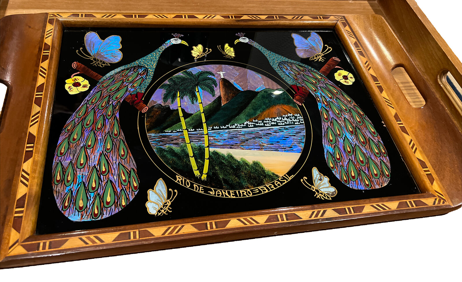 Vintage Brazilian Mahogany Tray Peacocks Rio  Butterflies Flowers Stained glass 