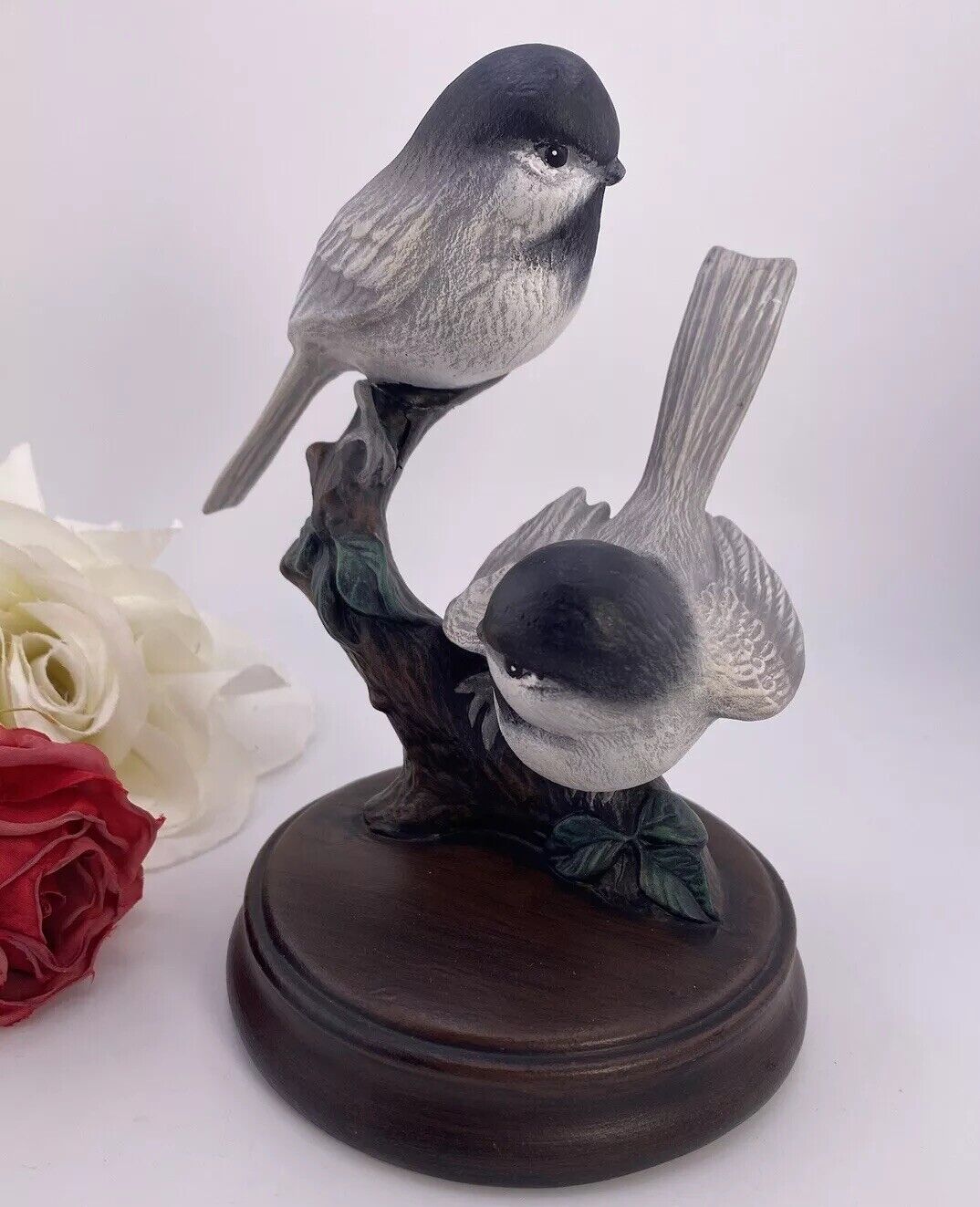 Vintage Bird Figurine 2 Chickadee Birds On Branch Hand Painted Ceramic 7” Tall