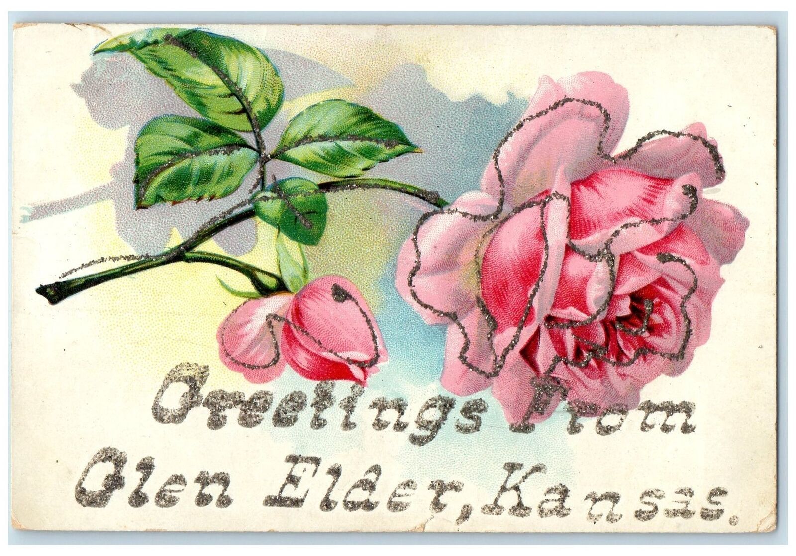c1910's Greetings From Glen Elder Kansas KS Unposted Flowers Leaves Postcard