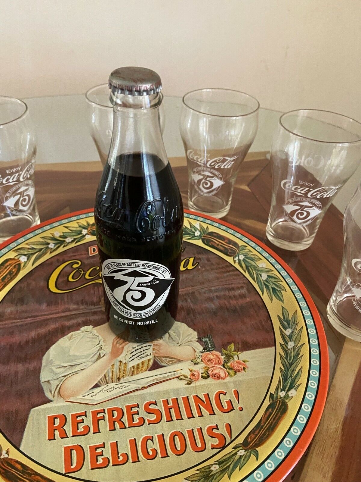 Vintage Coca-cola 75th Anniversary glasses 1902-1977 Set Of 6/coke tray & bottle