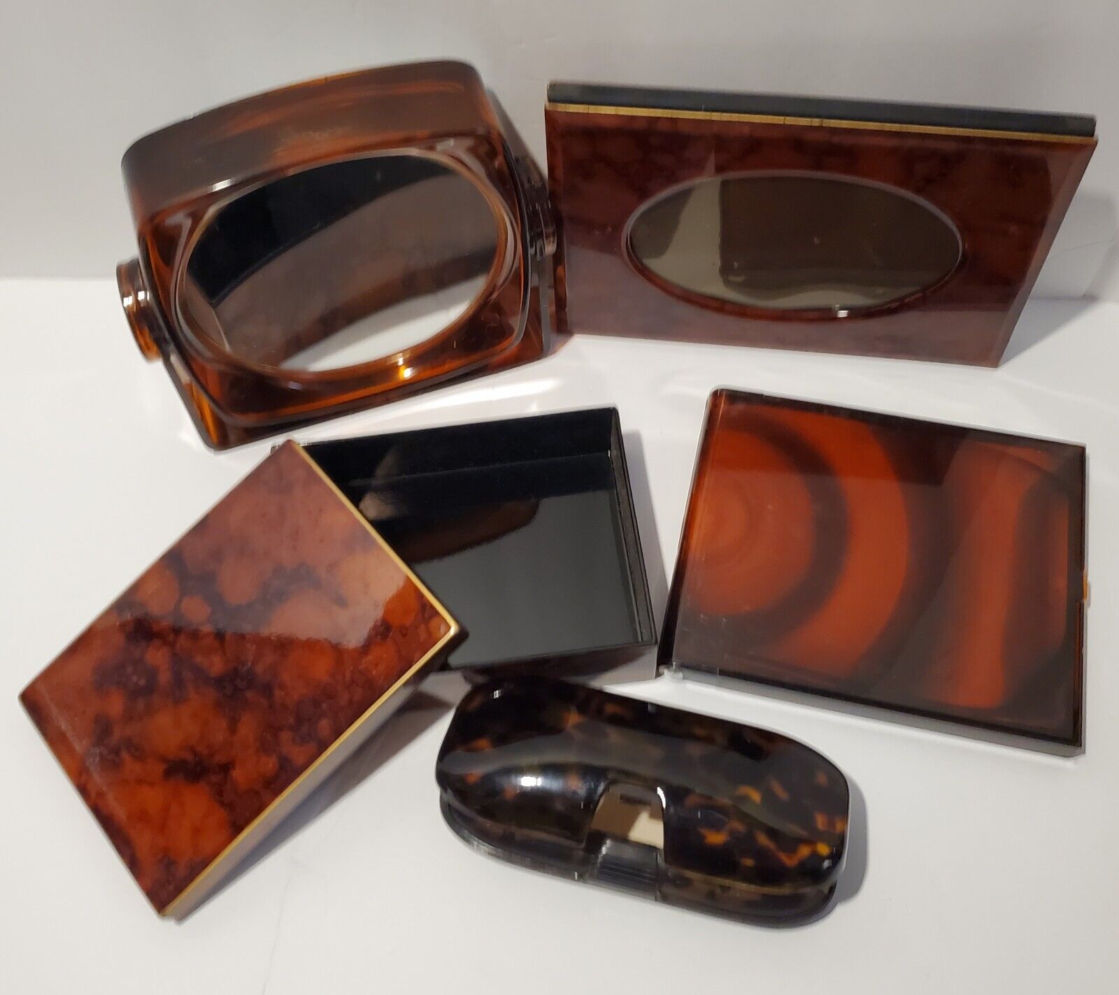 Lot Of Vintage Otagiri Tortoise Shell Lacquerware 5 Items 6 Pcs Mirrors, Box Etc