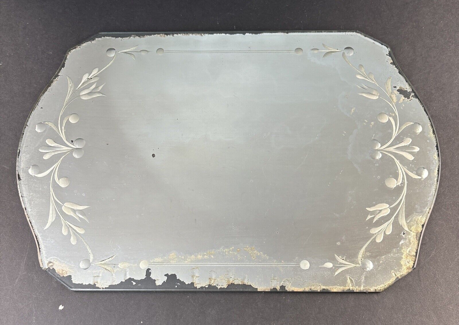 Vintage Art Deco Perfume Dresser Tray Frameless Mirror Etched floral 1930s-40s