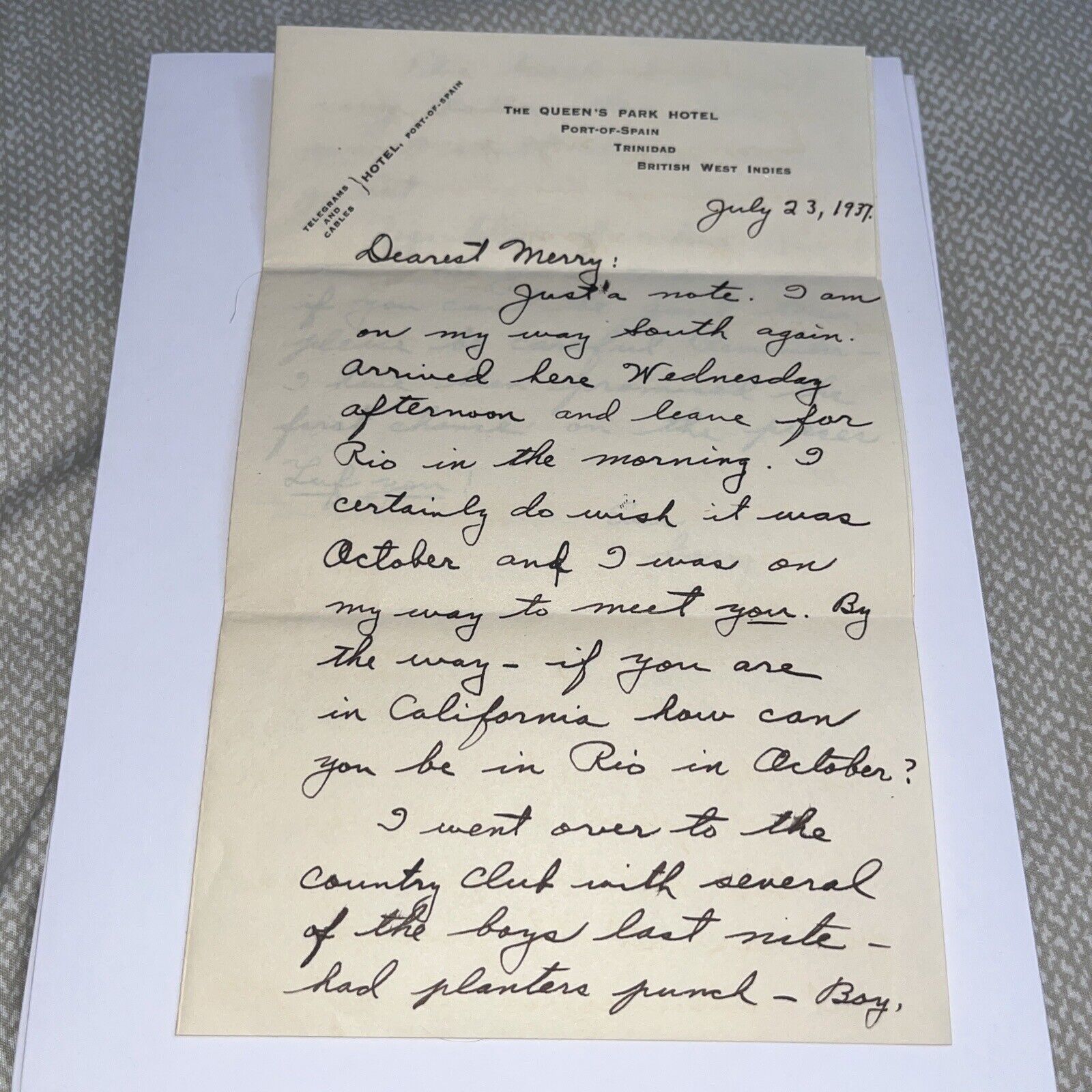 Antique 1937 Letter The Queen’s Park Hotel Letterhead Port-of-Spain Trinidad BWI