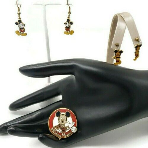 Earrings And Pin Disney Mickey Mouse Cartoon Gold Tone