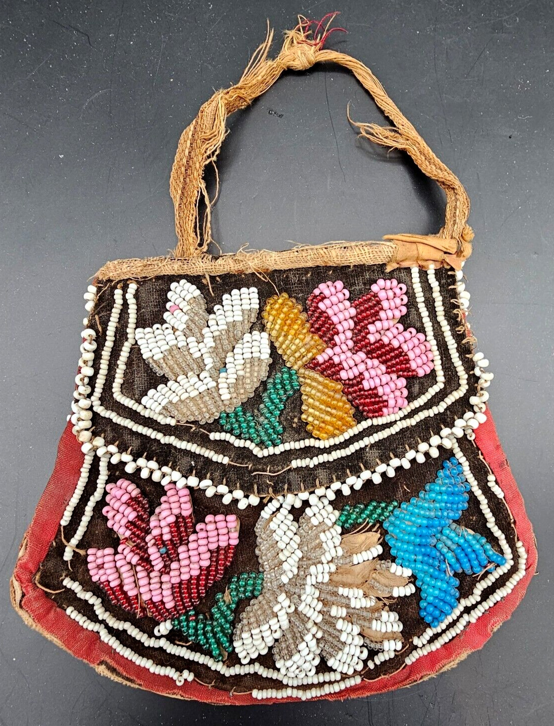 Antique Native American Iroquois Beaded Velvet Purse Floral Flaps 4\