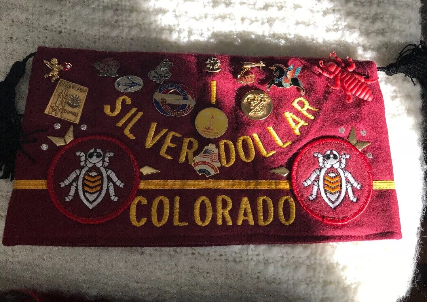 Vintage VFW Post 2461 Silver Dollar Denver Colorado Hat Tassels Pins Burgundy