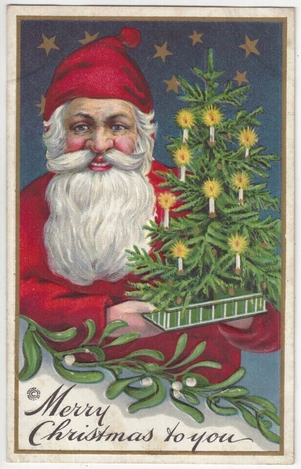 Happy Santa Claus with Xmas Tree~Holly Berries~Antique~ Christmas Postcard~k525