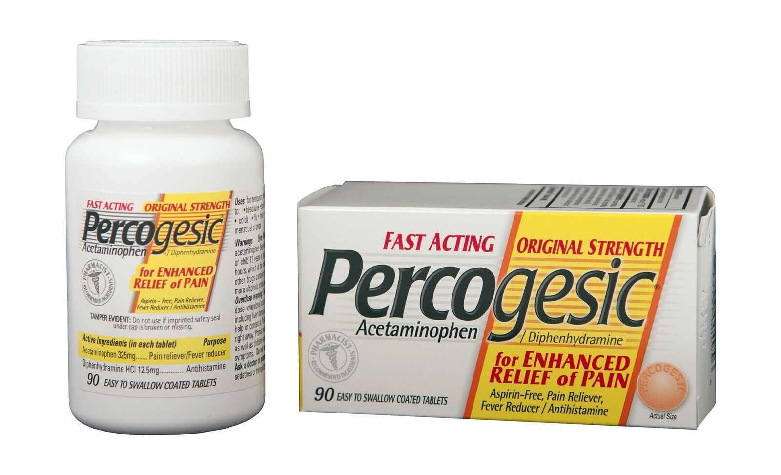 Percogesic Original Fast Acting Pain Relief Aspirin Free 90 Coated Tablets Caps