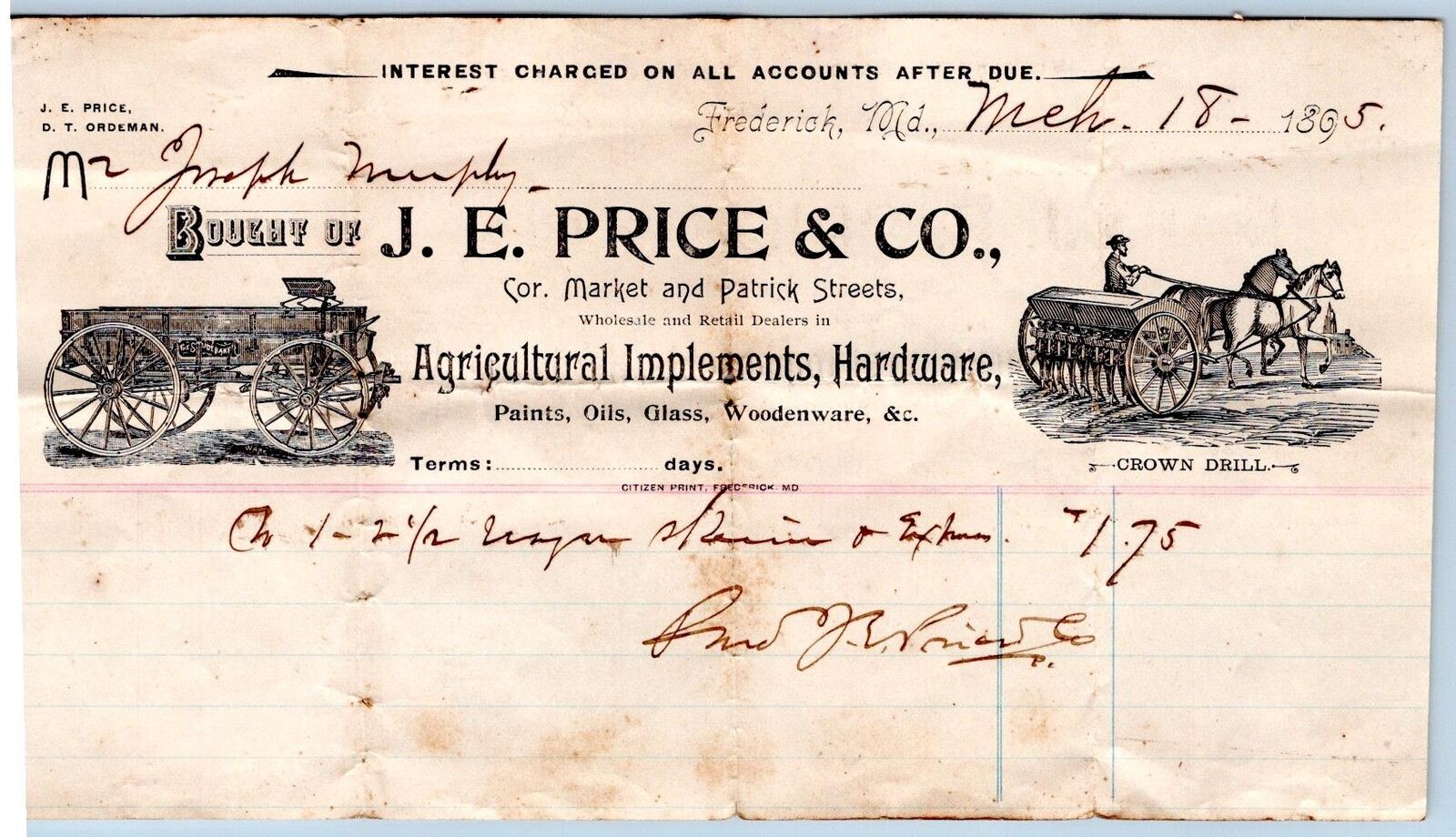 1895 FREDERICK MD J E PRICE AGRICULTURAL IMPLEMENTS HARDWARE PAINT*CITIZEN PRINT