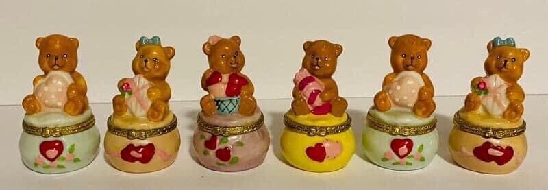 Vintage Lot Of Six (6) Porcelain Hinged Teddy Bear Miniature Trinket Boxes