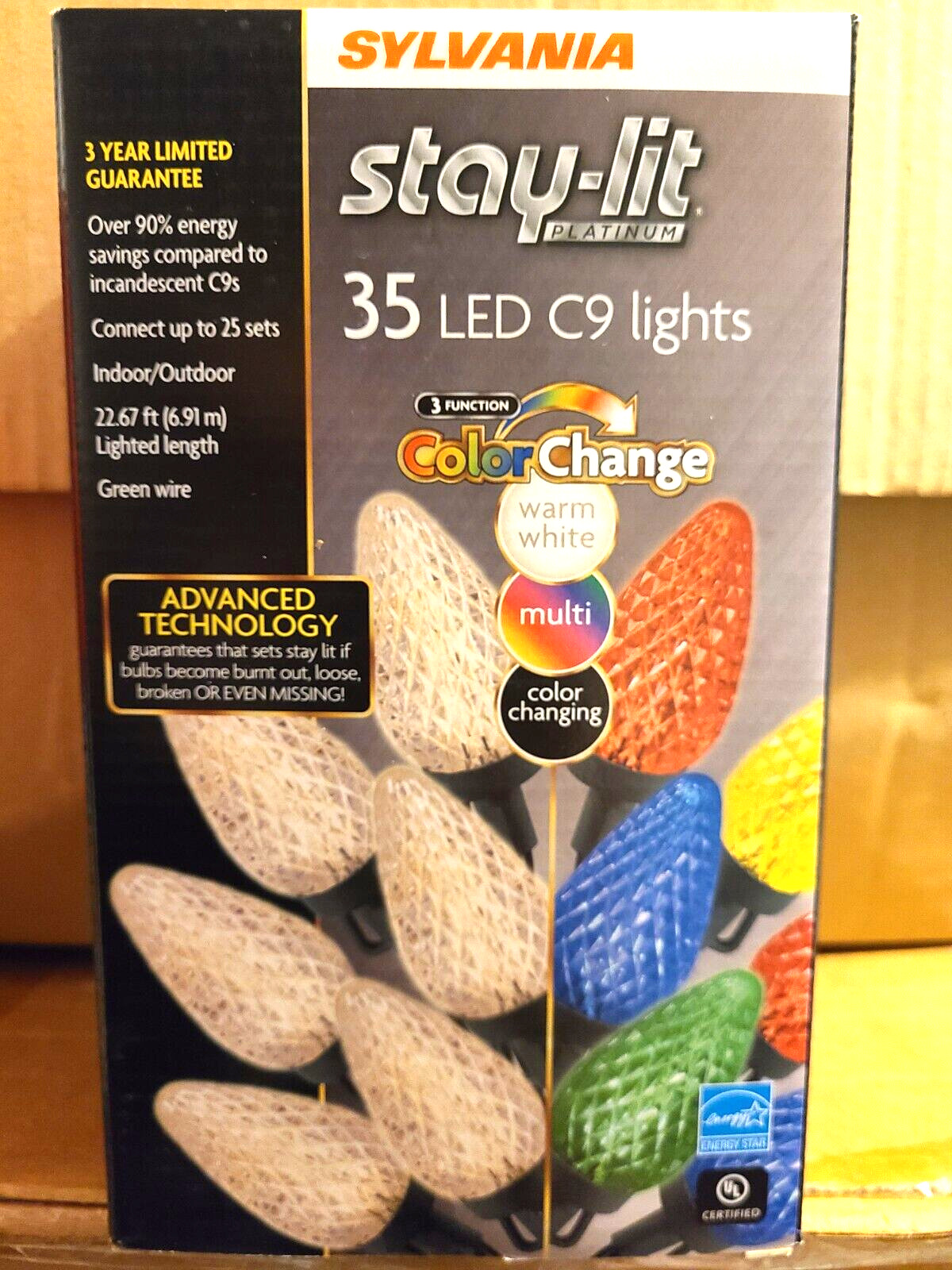 SYLVANIA STAY-LIT 35 C9 COLOR CHANGE WARM WHITE TO MULTI-COLOR LIGHTS - NEW
