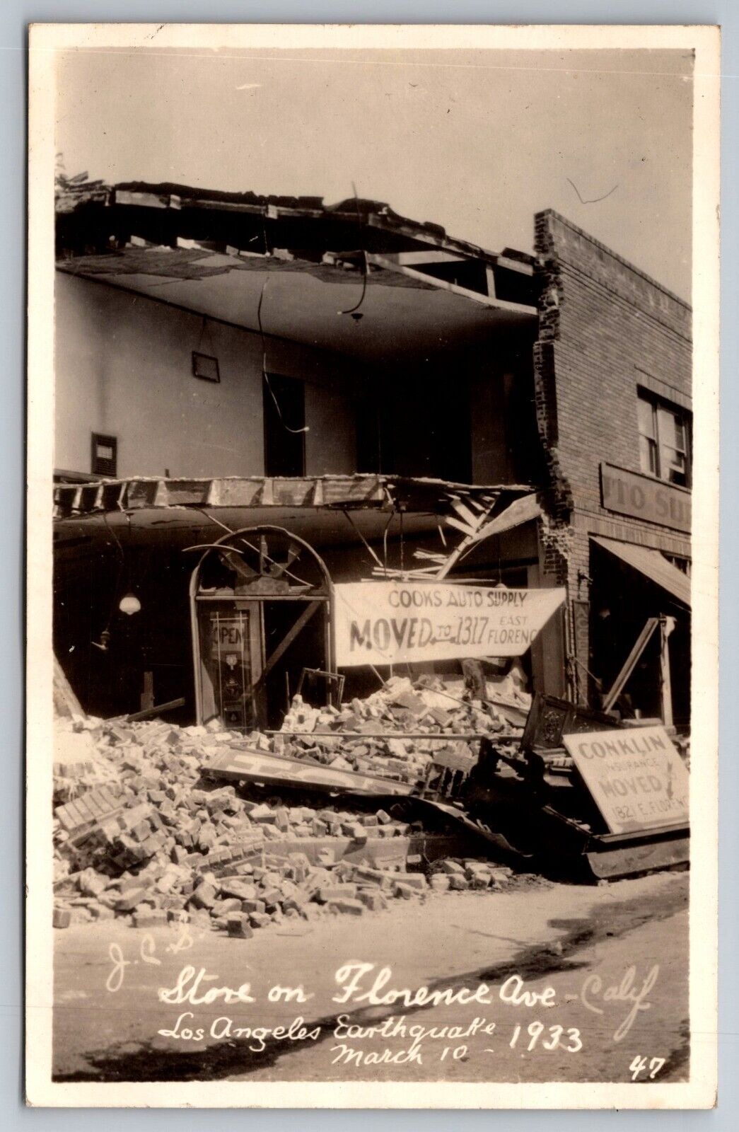 1933 Los Angeles Earthquake. Florence Ave Destruction. Real Photo Postcard RPPC