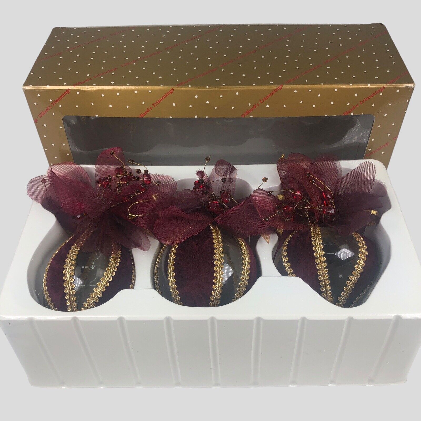 Vintage Dillards Trimmings Ornaments in Box Maroon & Gold 3 Shapes Velvet