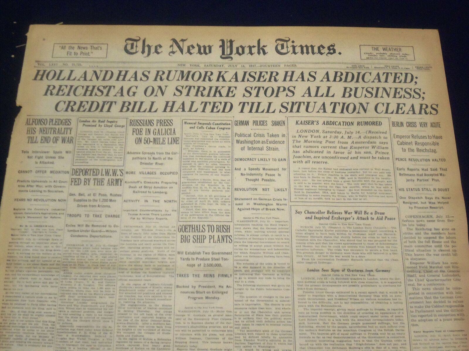 1917 JULY 14 NEW YORK TIMES - RUMOR KAISER HAS ABDICATED - NT 9303