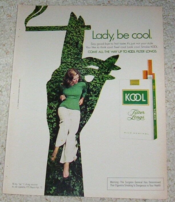 1972 advertising page - KOOL Cigarettes - Lady Be Cool smoking hand PRINT AD